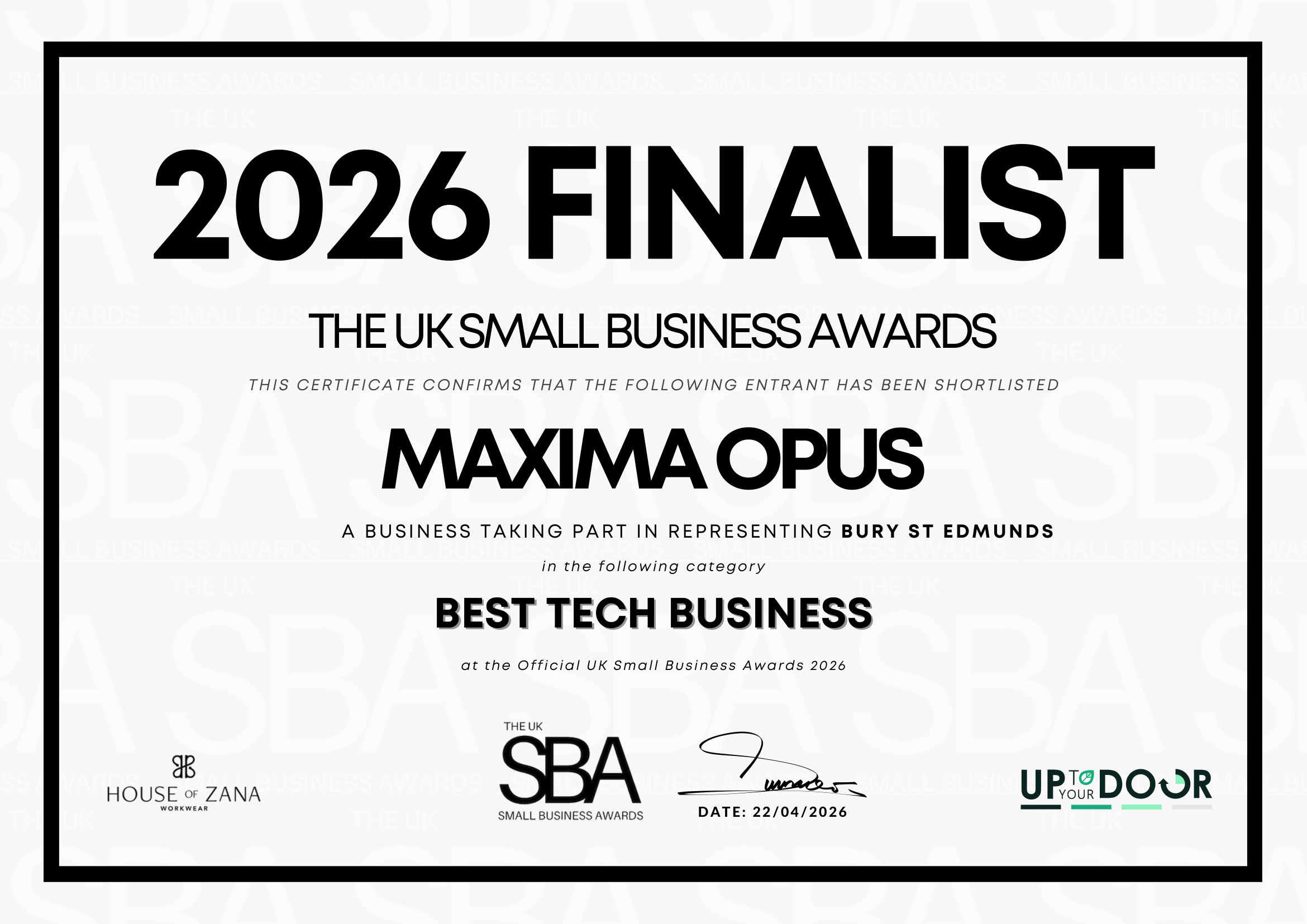 Maxima Opus - Best Tech Business 2026 Finalist - Certificate