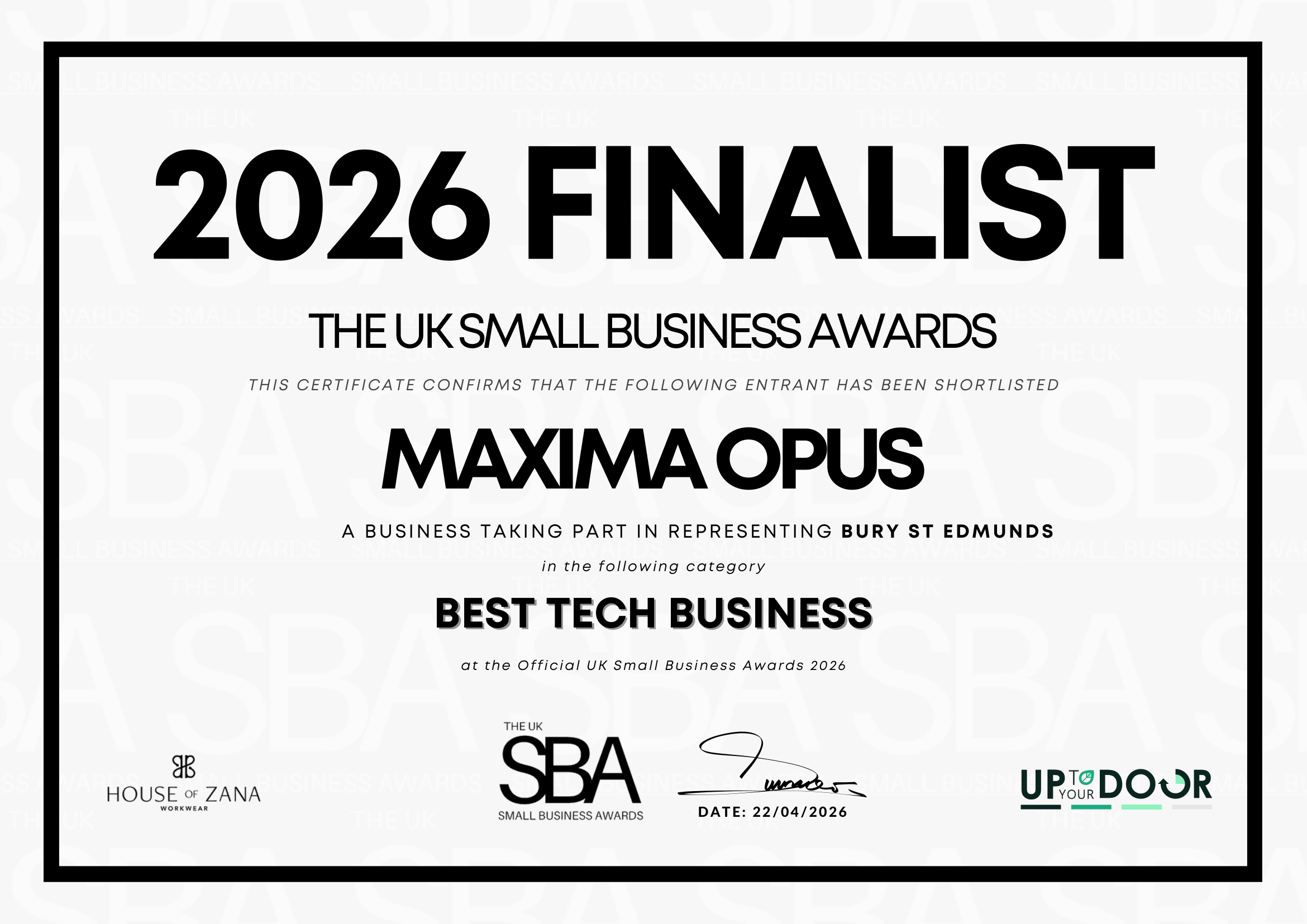 Maxima Opus – Best Tech Business 2026 Finalist Certificate, UK Small Business Awards