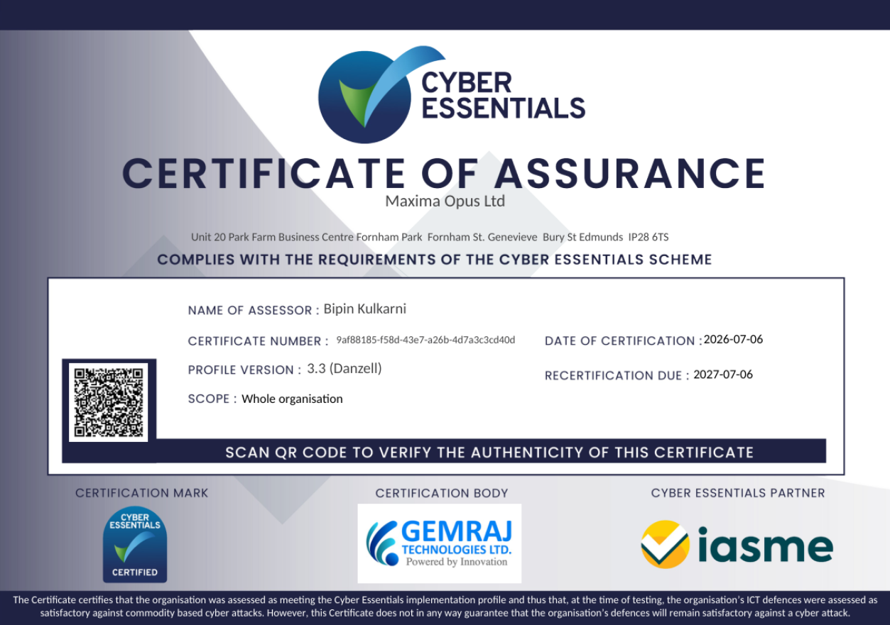 Maxima Opus - Cyber Essentials certificate of assurance